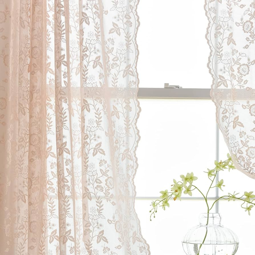 FINECITY Blush Lace Curtains 84 Inch Length - Rustic Country Floral Design Lace Curtain 2 Panels ... | Amazon (US)