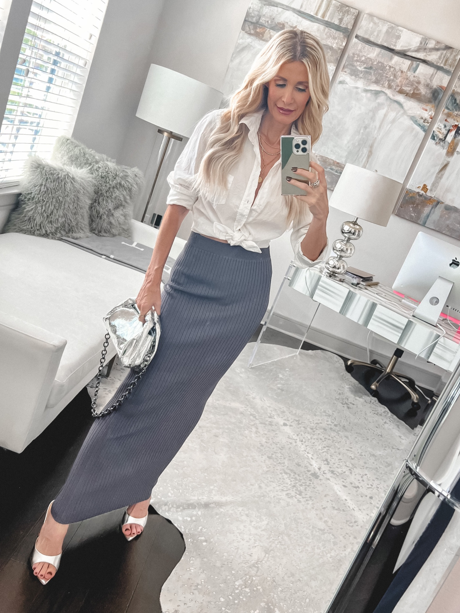 Loving this classic white button down styled with this fabulous gray maxi skirt. I sized up in the white button down - wearing a size small. 

#LTKfindsunder100 #LTKover40 #LTKstyletip