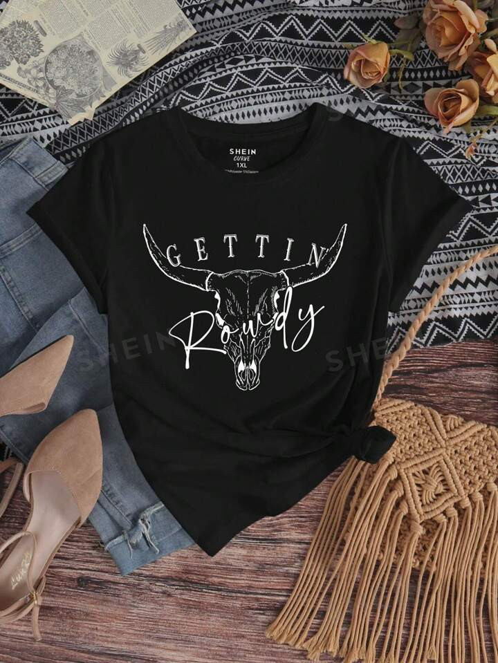 SHEIN LUNE Plus Size Sheep Head & Letter Printed T-Shirt | SHEIN