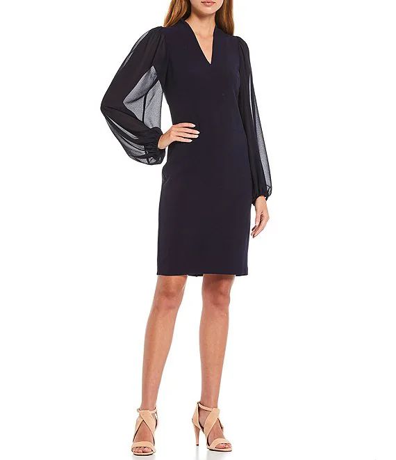 V-Neck Long Chiffon Sleeve Crepe Sheath Dress | Dillards