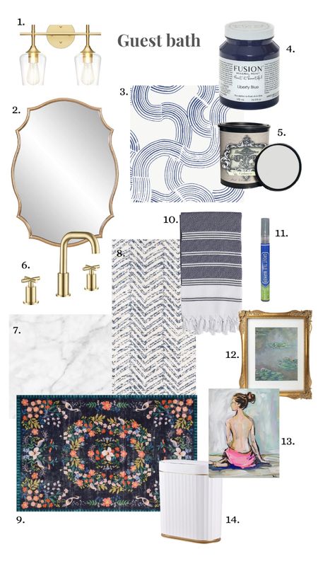 Guest bath resources. Bold wallpaper. Gold fixtures. Navy accessories. Wall art  

#LTKstyletip #LTKhome #LTKfindsunder100