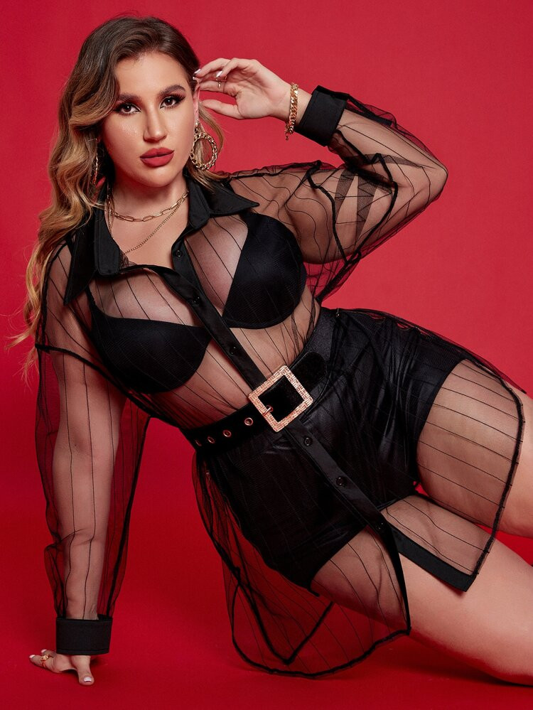 Plus Drop Shoulder Mesh Shirt Without Belted & Bra | SHEIN