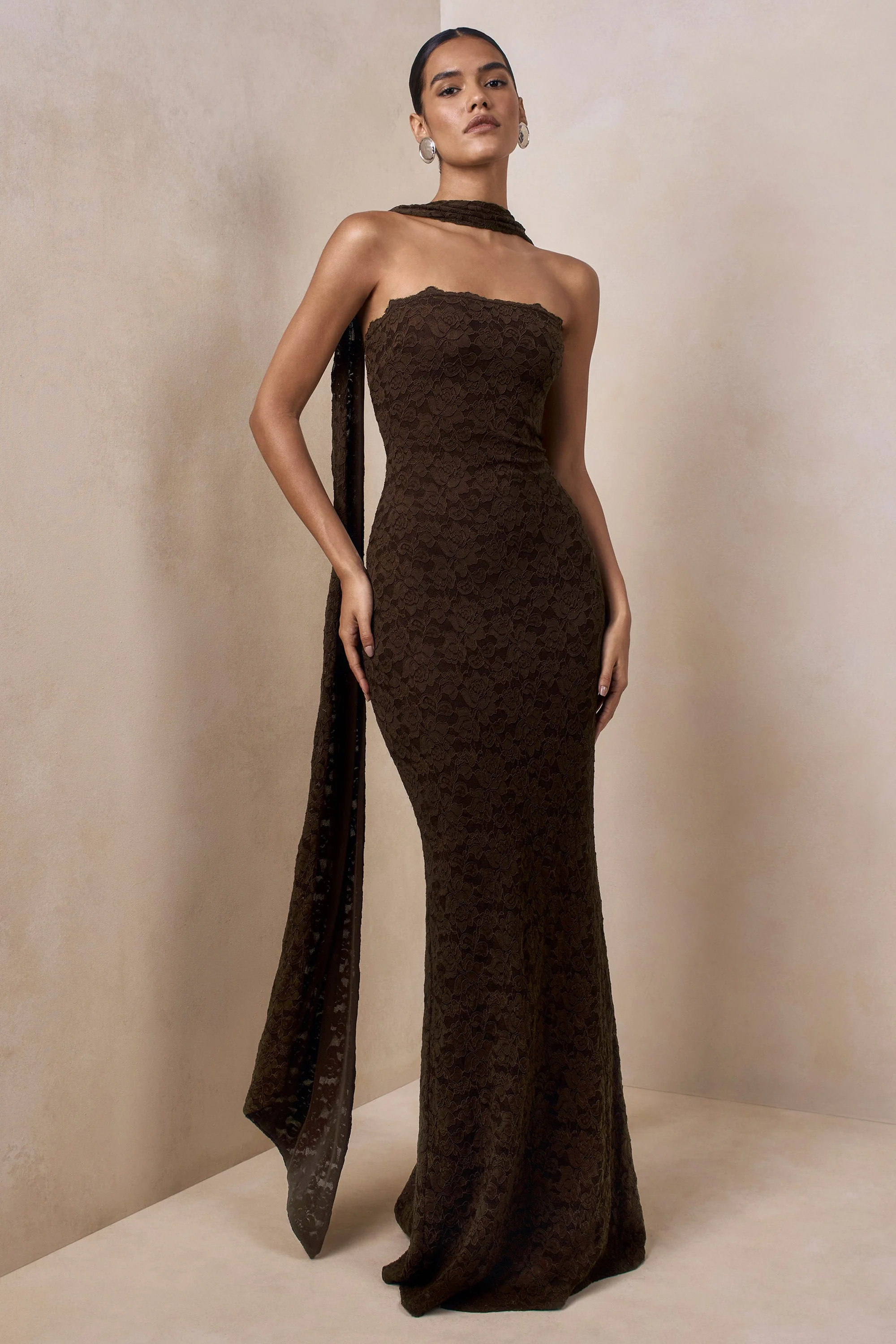 Massima | Brown Lace Bandeau Maxi Dress With Scarf-Detail | Club L London