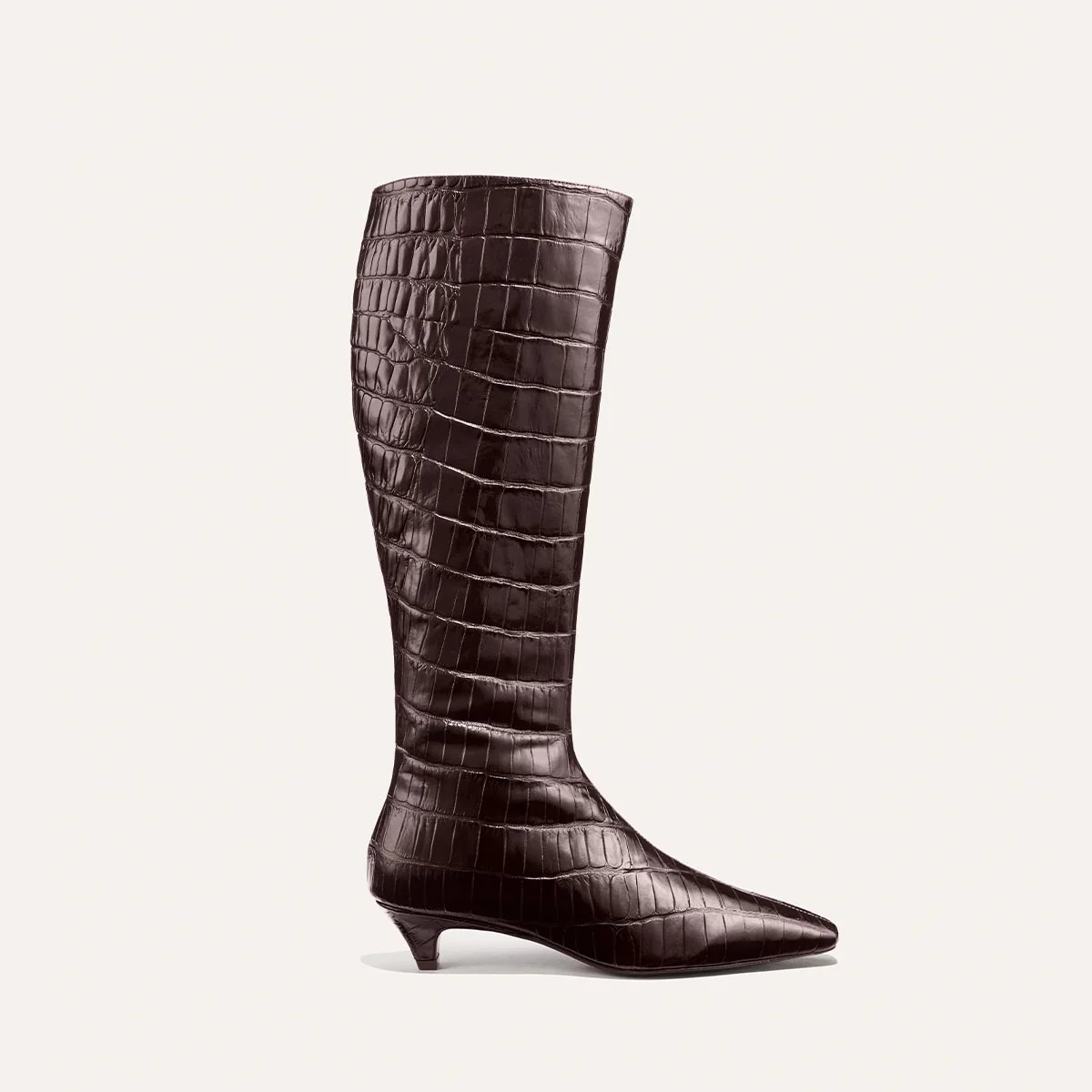 Knee High Boots in Brown Croc Embossed Leather & Kitten Heel | Margaux