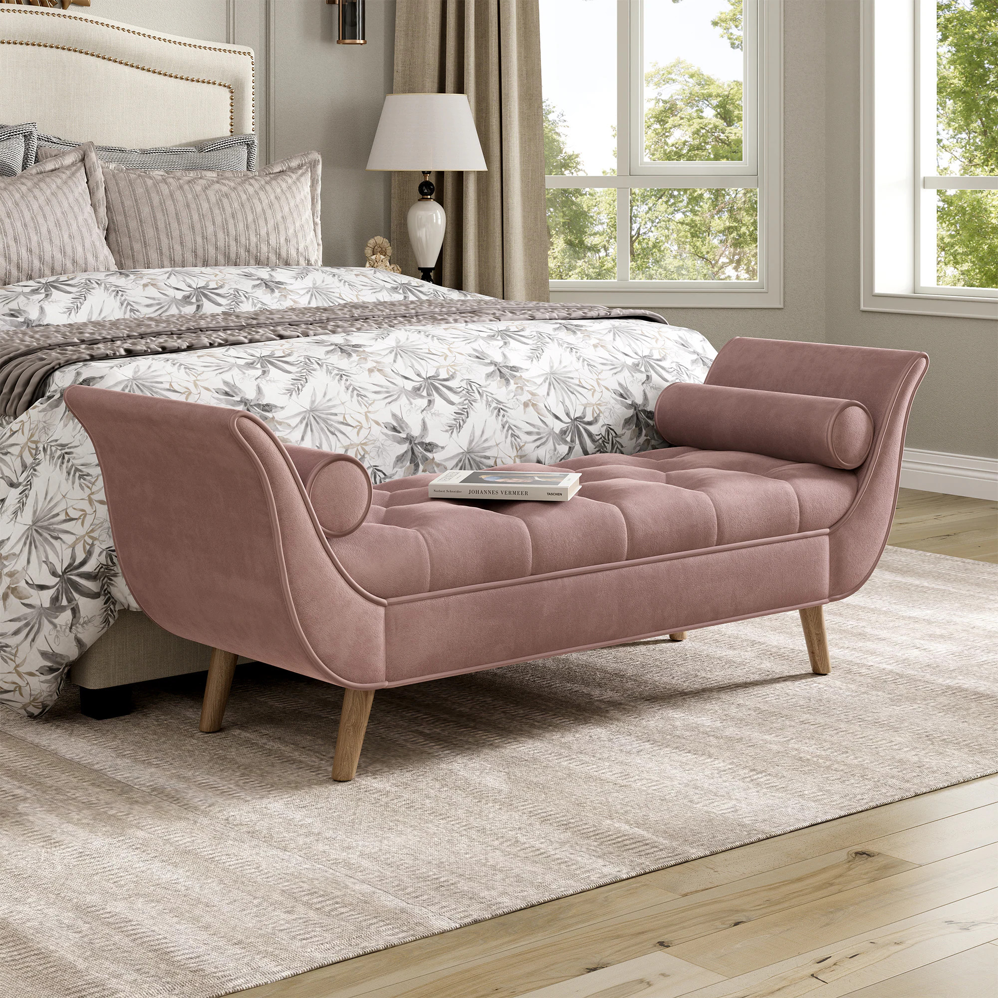 Christopher Knight Home Ismere Modern Upholstered Velvet End of Bed Bench with Button Tufted Design Rolled Arms Solid Wood Legs and 2 Pillows Pink | Lowe's