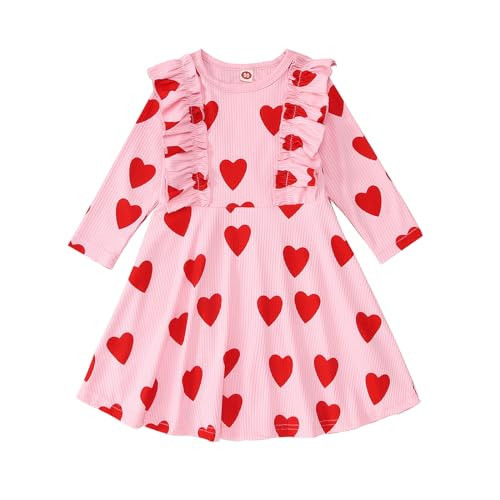LIGLITTR Little Girls Valentine Dress Toddler Girls Long Sleeve Dresses Love Heart Outfits Princess Ruffle Twirly Skirt(Pink,3-4t) | Amazon (US)