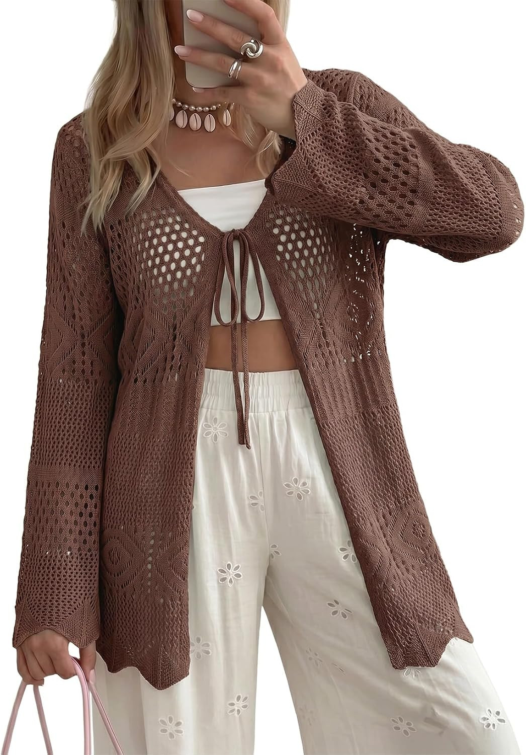 SHEWIN Crochet Cardigan for Women Long Sleeve Tie Front Bow Hollow Out | Amazon (US)