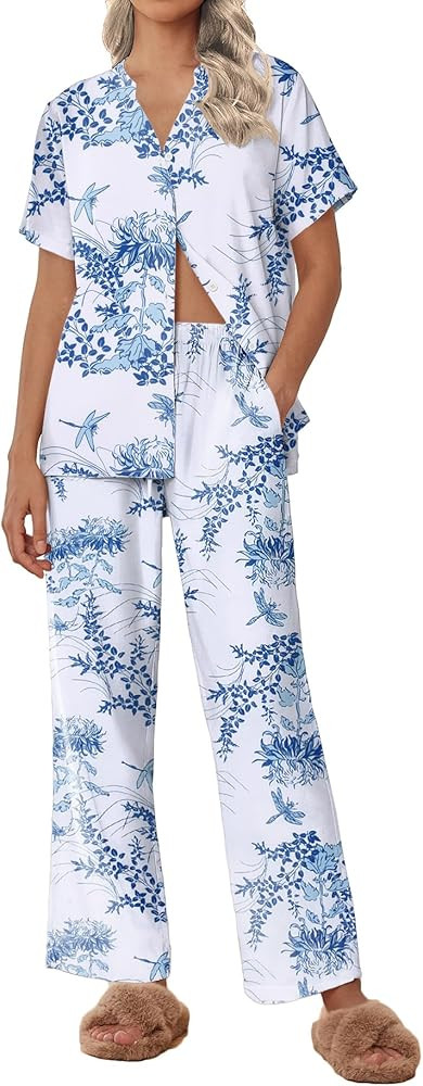 Ekouaer Women Pajamas Set Short Sleeve Button Down Sleepwear Soft Pjs Loungewear Pants Set S-XXL | Amazon (US)