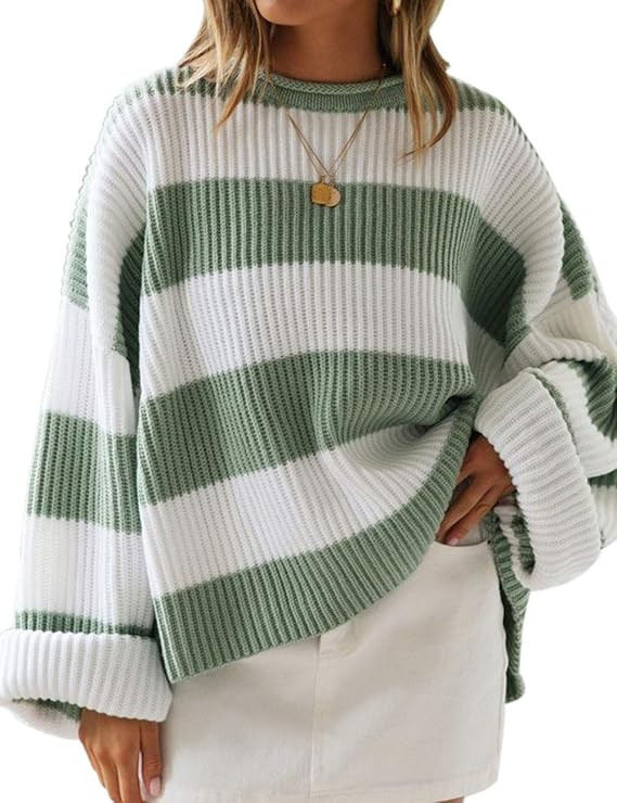 LEANI Womens Color Block Striped Oversized Sweaters Long Sleeve Crewneck Pullover Loose Chunky Kn... | Amazon (US)