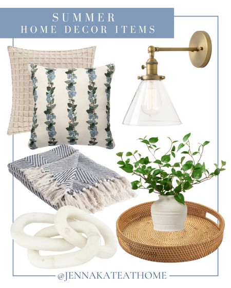 Summer home decor items, including pretty floral throw pillows, neutral throw pillows, lightweight throw blankets, wicker round trays, artificial plants, marble links, gold sconces. Coastal style home decor.

#LTKFamily #LTKHome