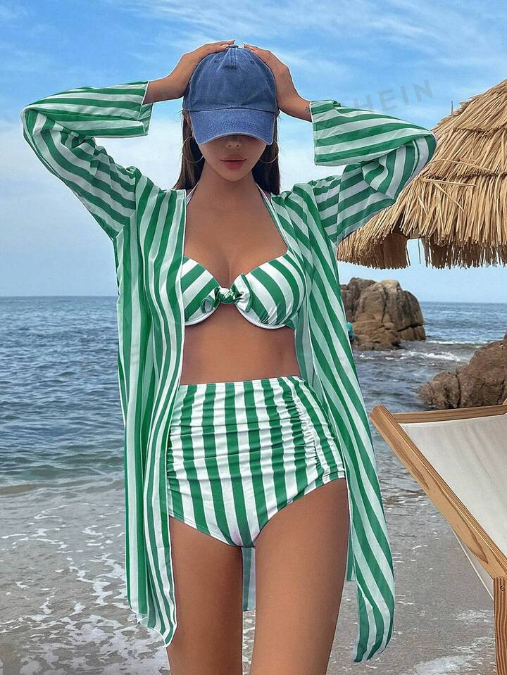 DAZY Women's Striped Color Block Two-Piece Swimsuit Set | SHEIN