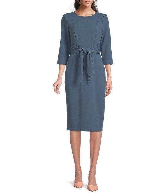 Stretch Crepe Crew Neck Knit Tie Waist 3/4 Sleeve Midi Sheath Dress | Dillard's