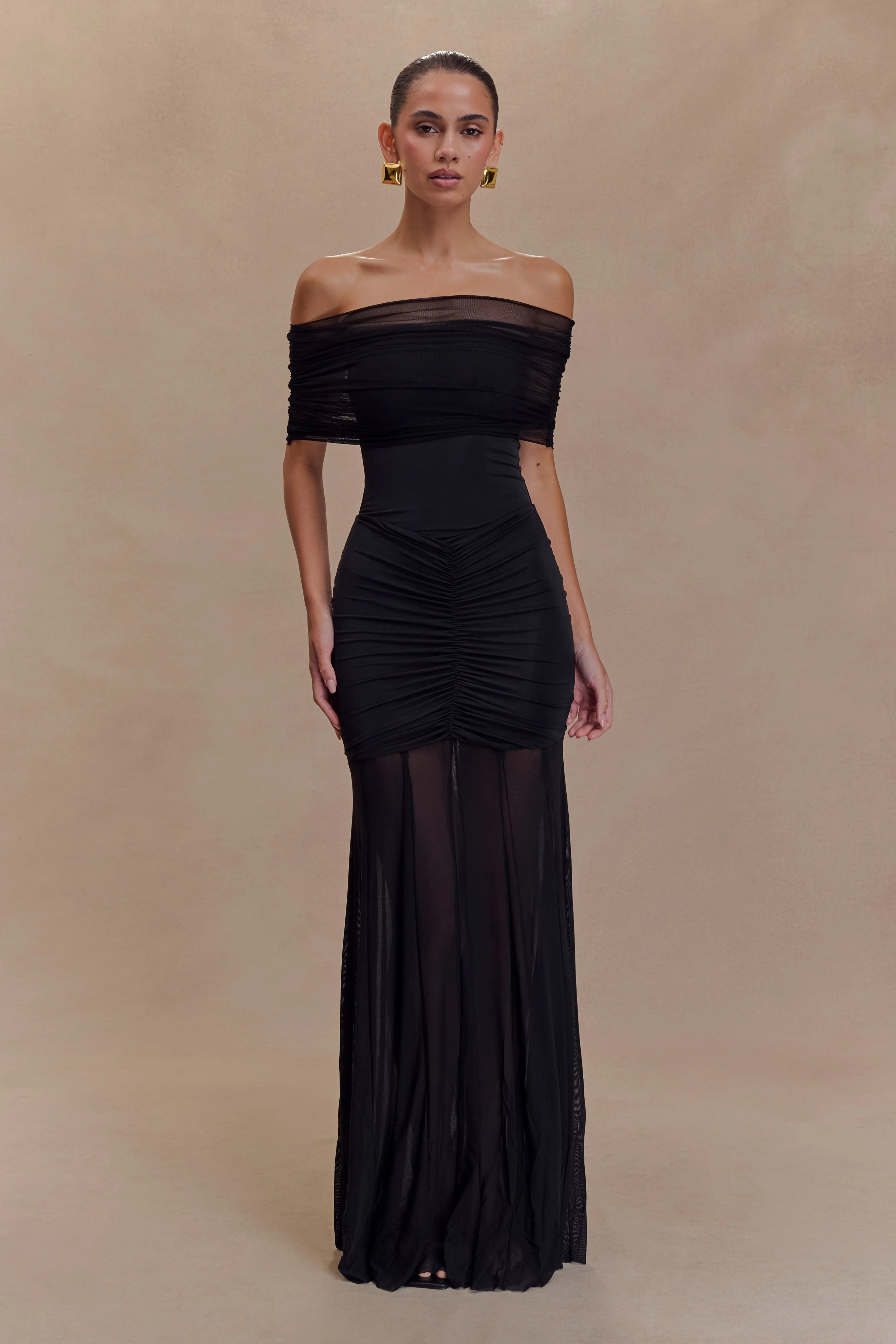 Caspian Slinky And Mesh Off Shoulder Maxi Dress - Black | Meshki UK