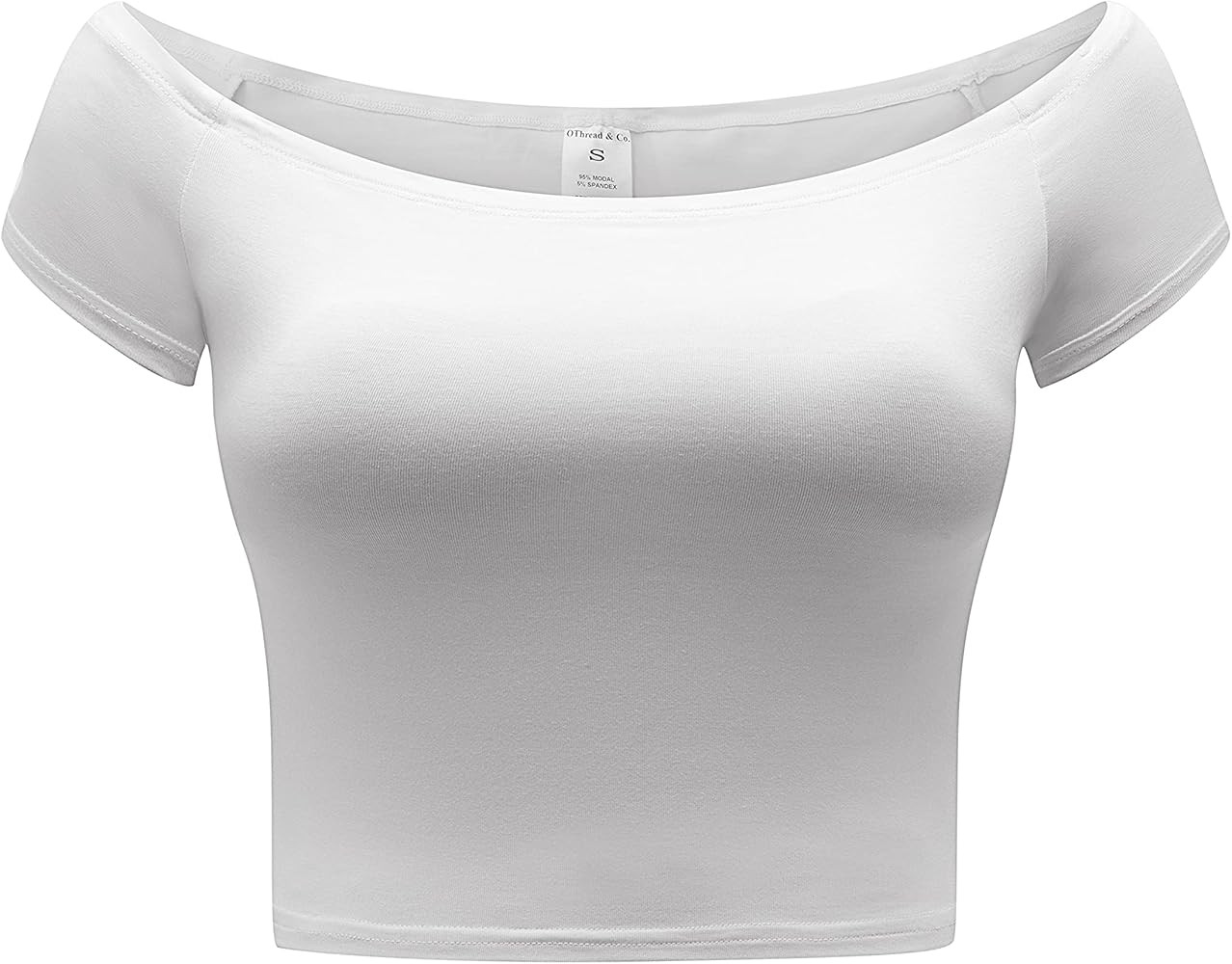 OThread & Co. Women's Off Shoulder Short Sleeve Crop Top Comfy Basic Stretch Layer Shirt | Amazon (US)