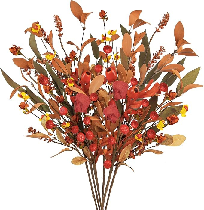 6 Pcs Fall Flowers Stems, Artificial Fall Floral Foliage Stem with Small Pumpkin Faux Fall Leaves... | Amazon (US)