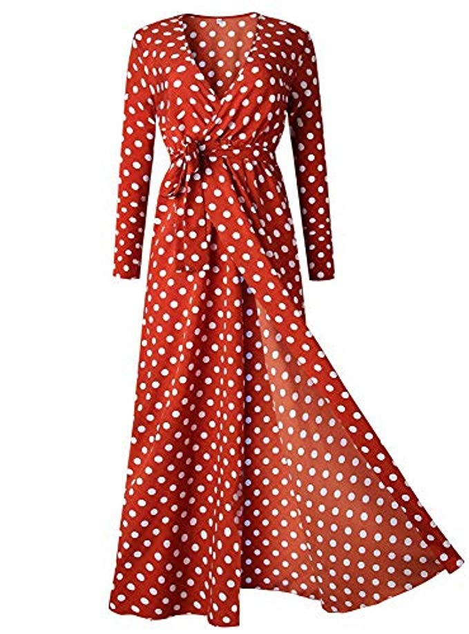 BTFBM Women Polka Dot V-Neck Sleeves Vintage Boho Split Maxi Dress with Belt Flowy Vacation Party Lo | Amazon (US)