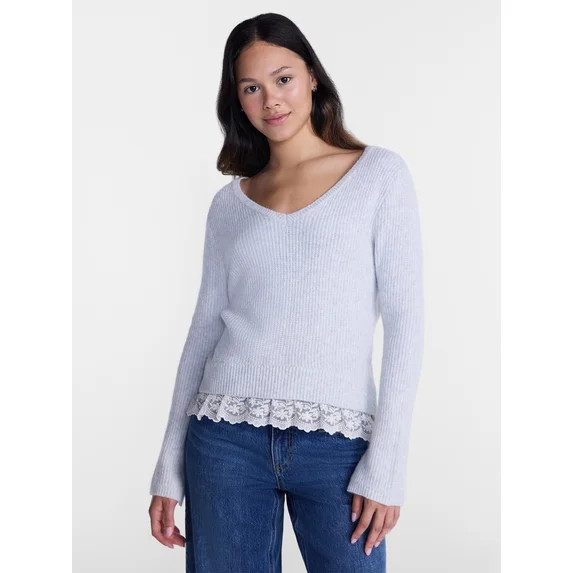 No Boundaries V-Neck Pullover Sweater with Lace Trim, Women's, Sizes XS-XXXL | Walmart (US)