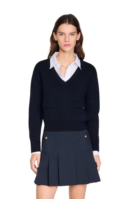 SANDRO V-neck wool sweater in Navy Blue at Nordstrom, Size X-Large | Nordstrom