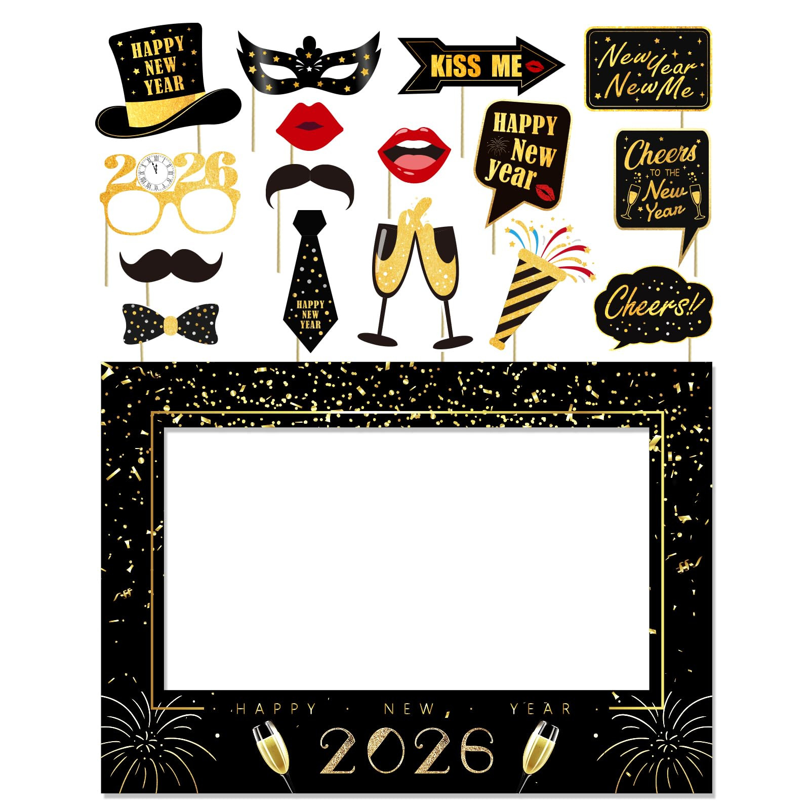 New Years Eve Party Supplies 2026, NYE Decorations Photo Booth Props Kit with Glitter Frame, Blac... | Amazon (US)