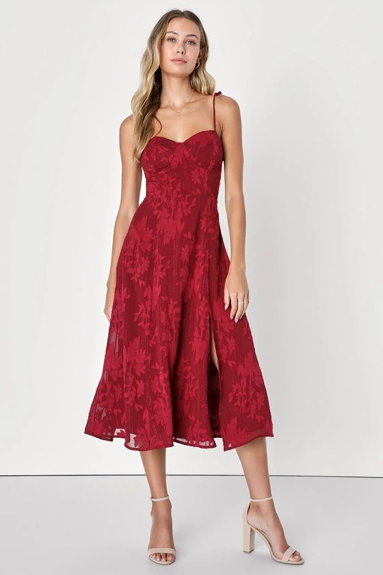 Loveliest Looks Burgundy Floral Jacquard Tie-Strap Midi Dress | Lulus