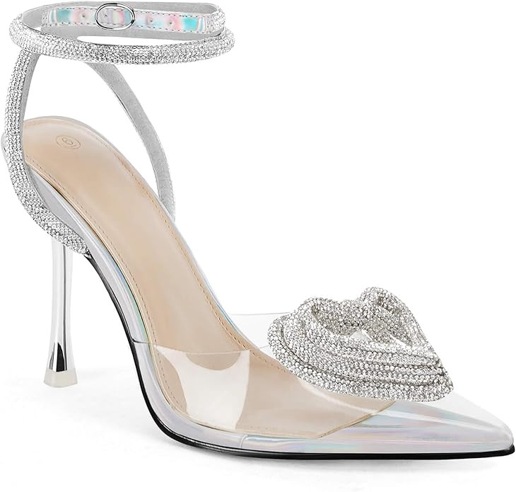 Coutgo Womens Clear High Heels Rhinestone Triple Heart Strappy Heels Closed Toe Sexy Stiletto Pum... | Amazon (US)
