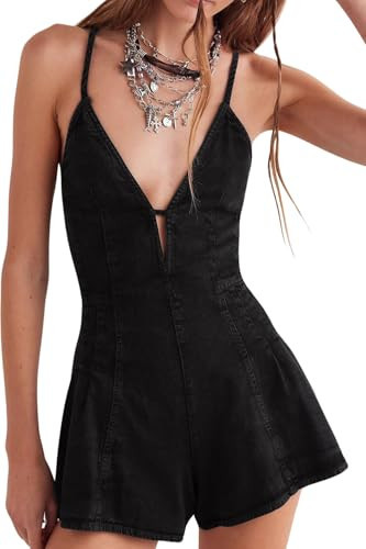 yoeasy Women's Sleeveless Deep V Neck Shorts Denim Romper Spaghetti Strap Tie Backless Ruffle Jean Overalls (X-Small, Black) | Amazon (US)