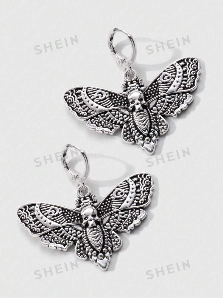 ROMWE Goth 1pair Fashion Zinc Alloy Skull & Butterfly Drop Earrings For Women For Daily Decoratio... | SHEIN