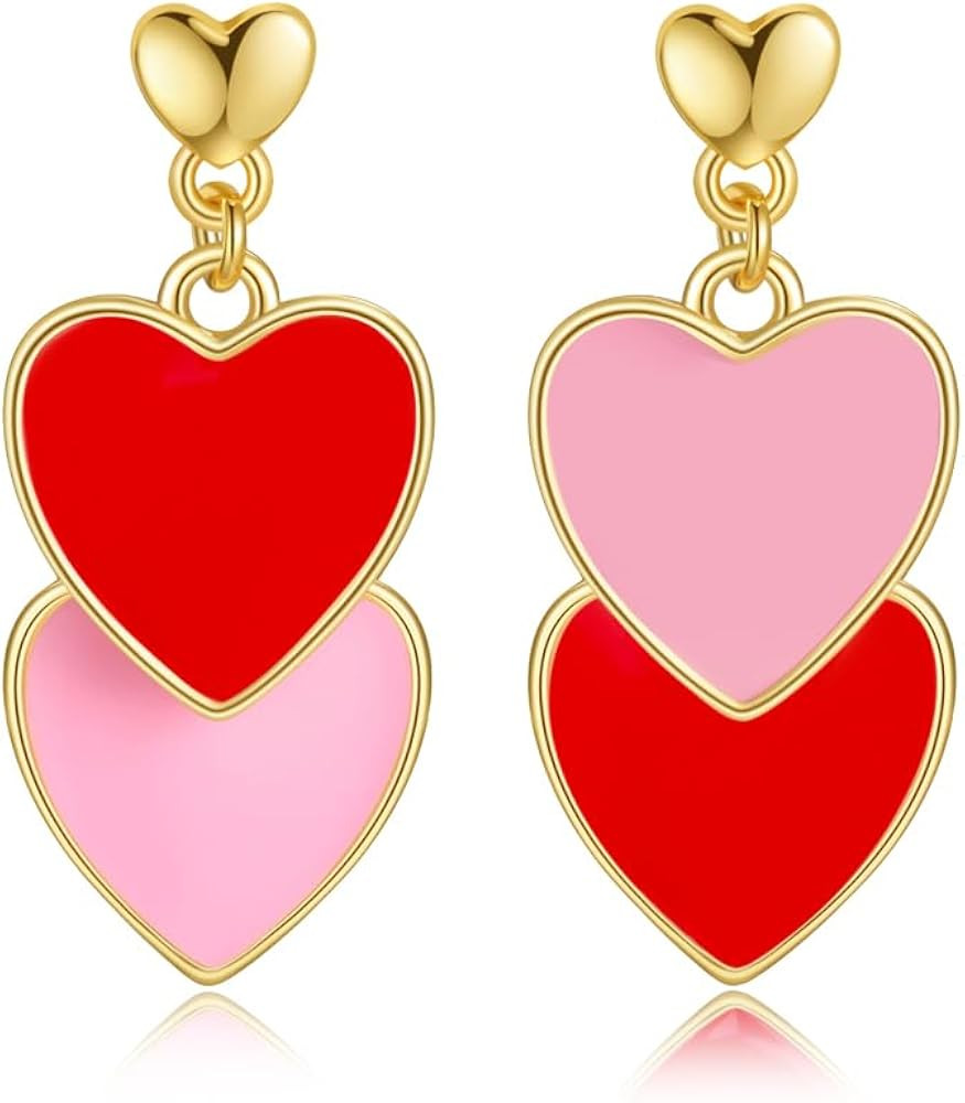 Valentine's Day Earrings for Women - 14K Gold Plated Cute Red Pink Enamel Heart Dangle Jewelry, V... | Amazon (US)