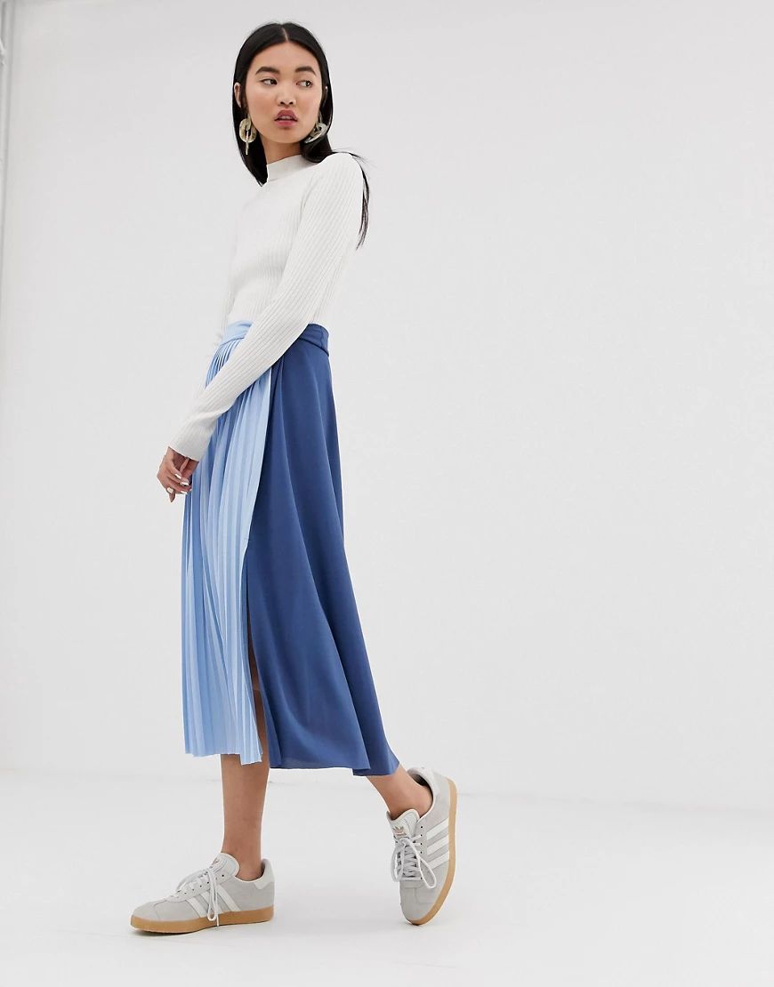 ASOS DESIGN twist knot front midi skirt with color block pleat insert-Blue | ASOS (Global)