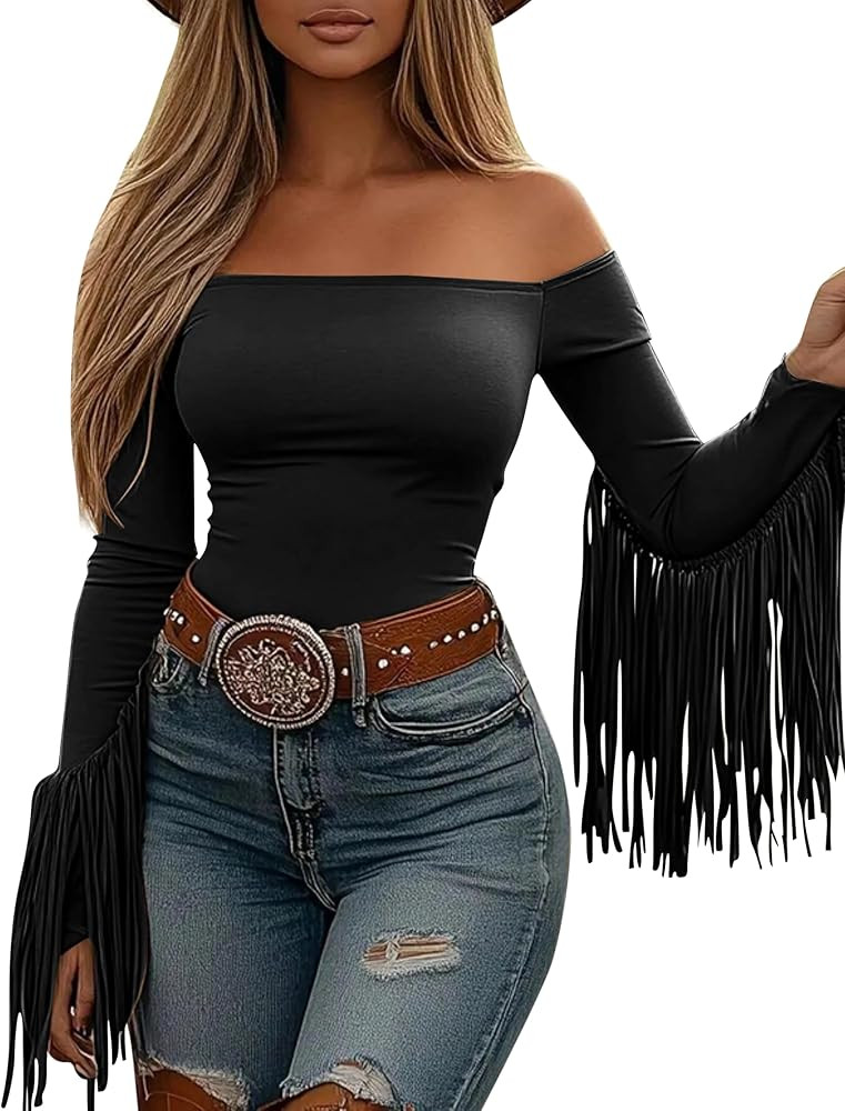 Fringe Tops for Women Western Cowgirl Off The Shoulder Fall Long Sleeve with Tassels Stretchy Cro... | Amazon (US)