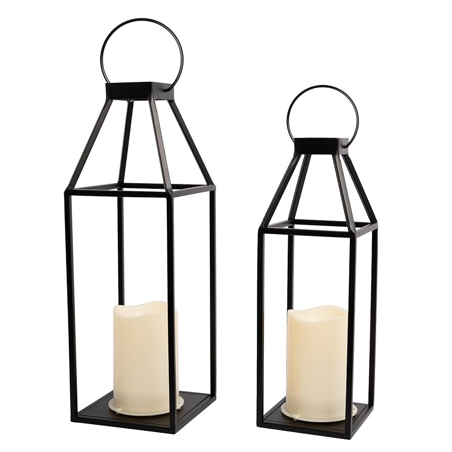 HPC Decor 2PCS Solar Lanterns for Outdoor Decor- 18in 15in Black Metal Candle Lanterns w/ Waterpr... | Amazon (US)