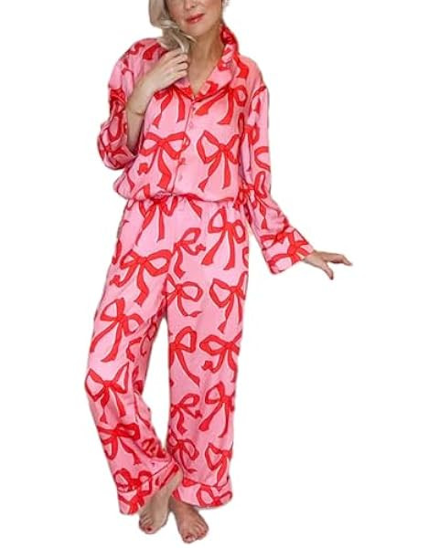 MAINESAKA Womens Button Down Pajamas Set Long Sleeve Bow/Heart Print Button Up Shirt Lounge Pants... | Amazon (US)