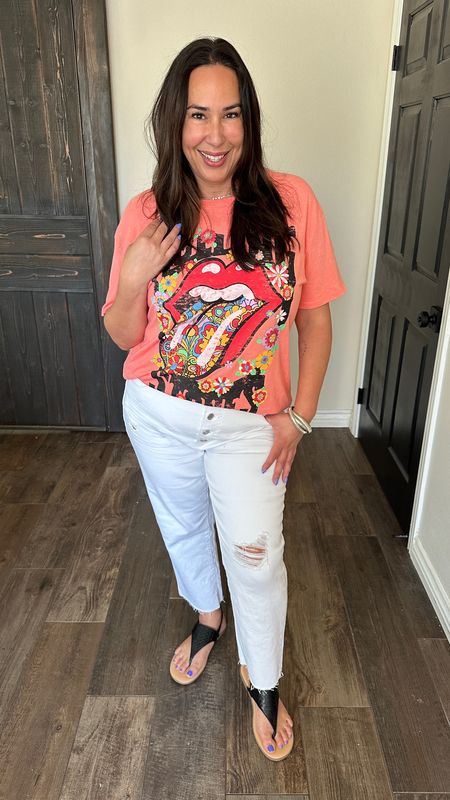 #walmartpartner Today I’m bringing you $10 graphic tees that are perfect for Summer! I love that it’s soft just when you get it when it first arrives, I have it paired with these white jeans and black sandals! I’m wearing my regular size XL in this tee and I sized up one to a 16 in these jeans #walmartfashion @walmartfashion

#LTKFindsUnder50 #LTKSeasonal #LTKStyleTip