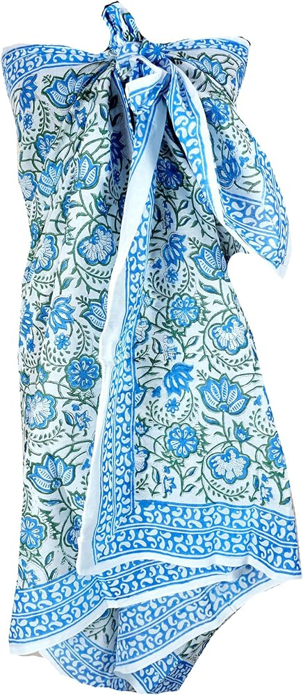 100% Cotton Block Print Sarong - Women's Swimsuit Wrap Cover-Up, Long Beachwear & Resort Apparel | Amazon (US)