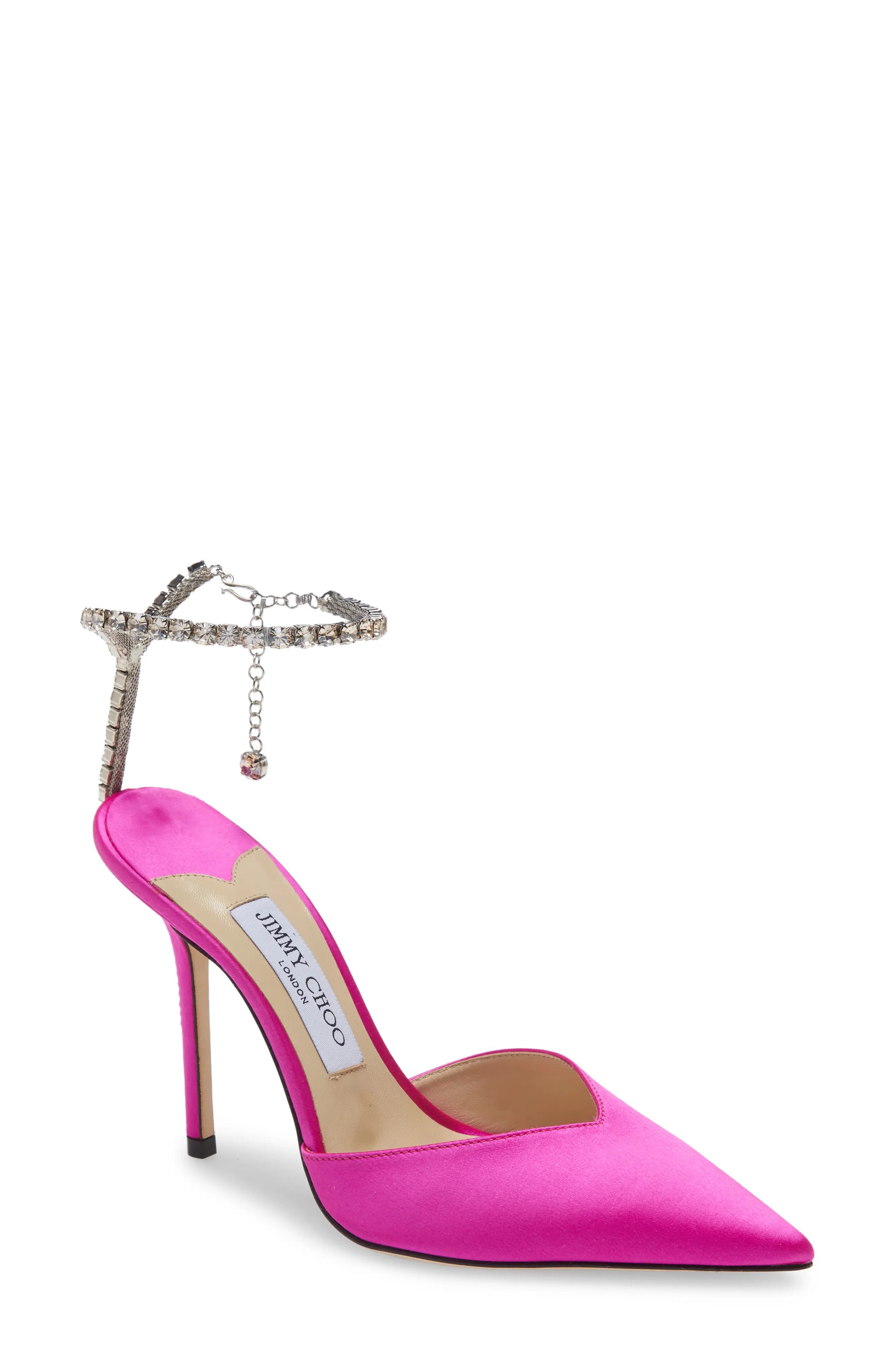 Jimmy Choo Saeda Crystal Ankle Strap Pointed Toe Pump in Fuchsia at Nordstrom, Size 9.5Us | Nordstrom