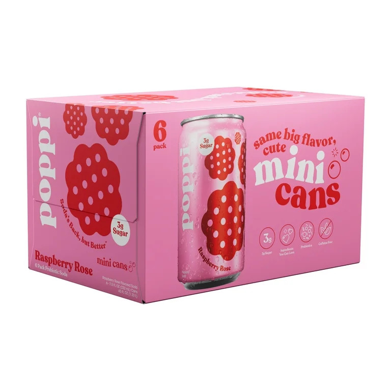 poppi Raspberry Rose Prebiotic Soda Mini Can, 7.5 fl oz Can, 6 Pack | Walmart (US)