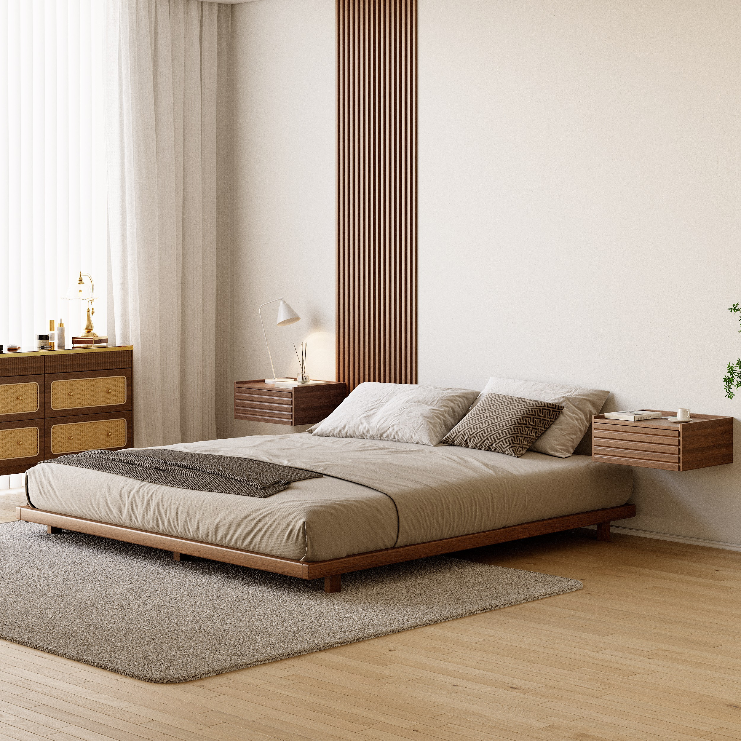 Japanese Style Queen Low Bed Frame Wooden Floor Bed in Walnut | Homary