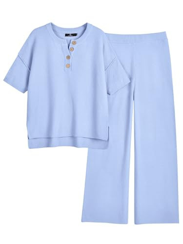 LILLUSORY Pajama Sets For Women 2 Piece Outfits Lounge Set Two Piece Matching Knit Loungewear Set Tops Pants Sweat Suits Blue | Amazon (US)