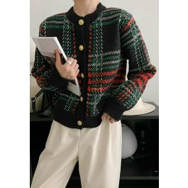 Plaid Pattern Golden Button Knit Cardigan | Chicwish