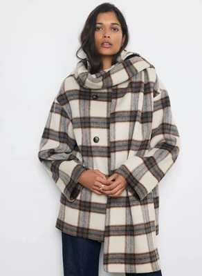 Neutral Check Wool Blend Hand Finished Scarf Coat | Mint Velvet