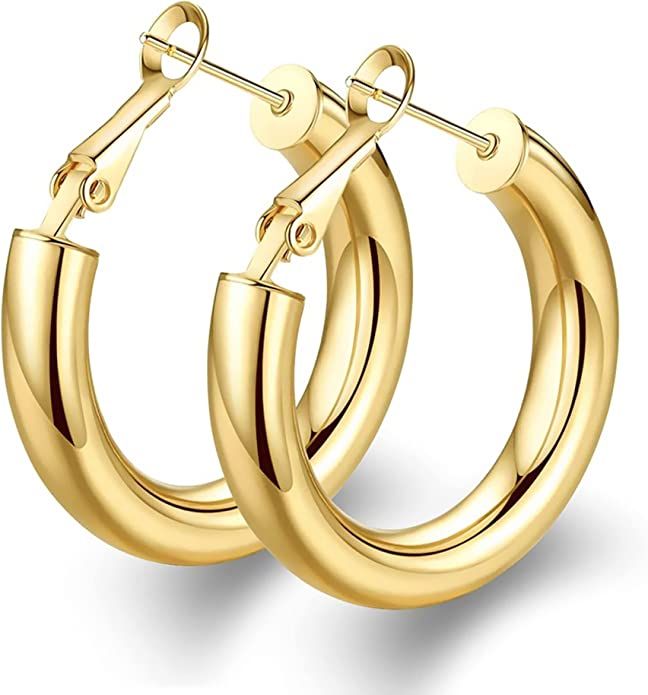 wowshow Gold Hoop Earrings for Women Chunky Gold Hoops 14K Real Gold Plated Thick Gold Hoop Earri... | Amazon (US)