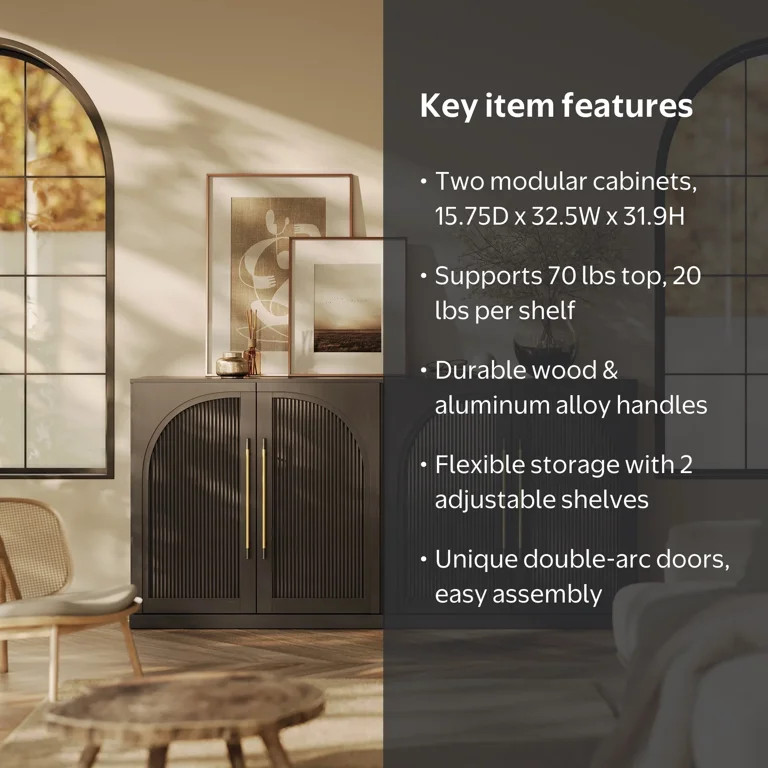 BELLEZE Set of 2 Modular Sideboard with Double-Arc Wood Doors, Small Arched Buffet Cabinet with S... | Walmart (US)
