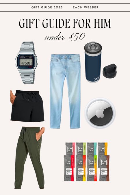Gifts for him under $50 - athletic fit jeans, electrolyte sticks, classic Casio watch, Amazon joggers and shorts, and the best water bottle!

#LTKmens #LTKHoliday #LTKGiftGuide