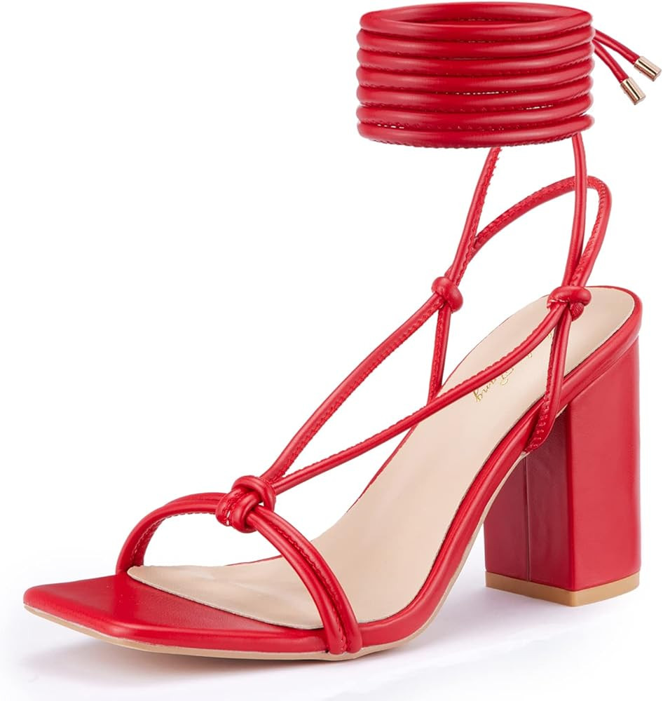 Elisabet Tang Women's Strappy Chunky Heels Sandals, Lace Up 3 inch Low Block Heels Ankle Wrap Hee... | Amazon (US)