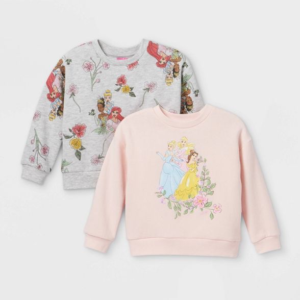 Toddler Girls' 2pk Disney Princess Fleece Crew Neck Pullover - Light Pink/Gray | Target