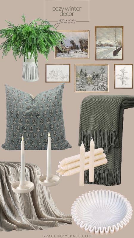 Cozy winter decor ideas! I love these muted greens in the block print pillow and knit blanket. Pair it with candles and winter artwork and greenery for a beautiful and subtle winter aesthetic  

#LTKSeasonal #LTKhome #LTKfindsunder100