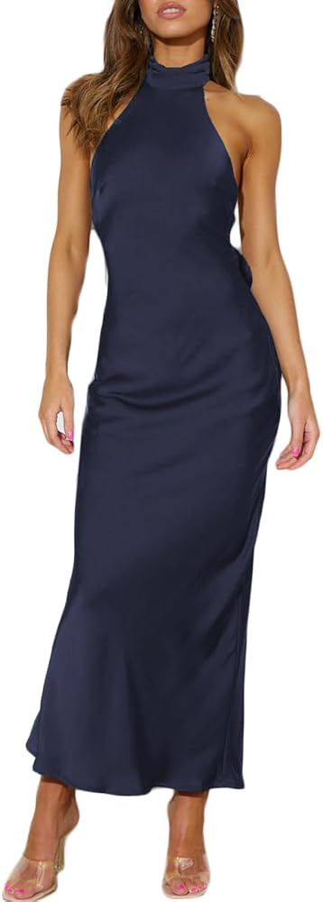 Phicia Sexy Satin Halter Neck Backless Maxi Dress for Women Elegant Tie Cowl Back Formal Wedding ... | Amazon (US)