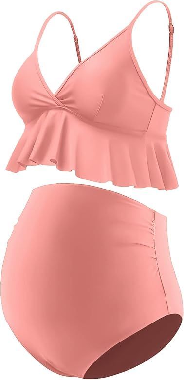 Bhome Maternity Bikini Set Two Pieces Pregnancy Swimsuit Bathing Suits High WaistedRuffle Summer Swi | Amazon (US)