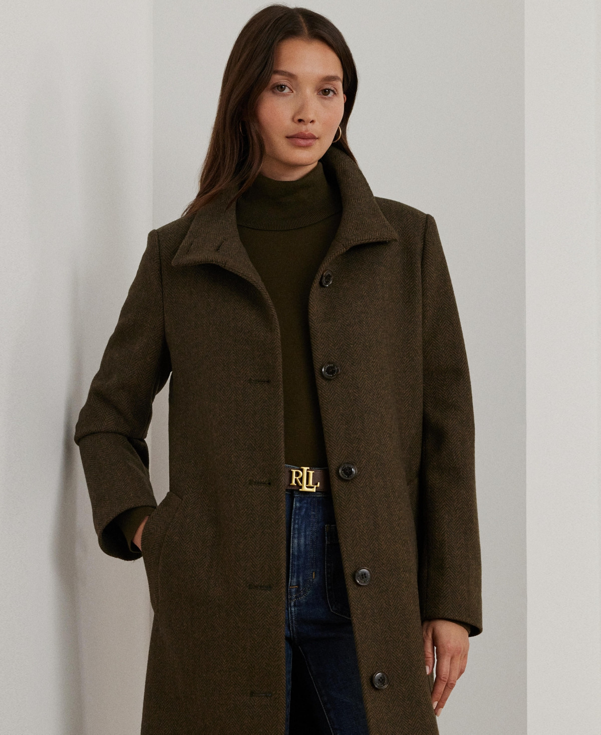 Lauren Ralph Lauren Women's Single-Breasted Stand-Collar Maxi Coat - Loden Green/Brown Herringbone | Macy's