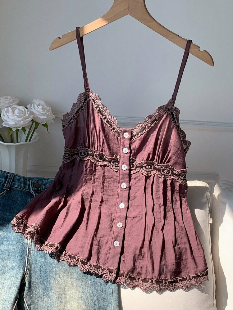 Comfortcana Women's Solid Color Contrast Lace Single-Breasted Casual Camisole Shirt | SHEIN